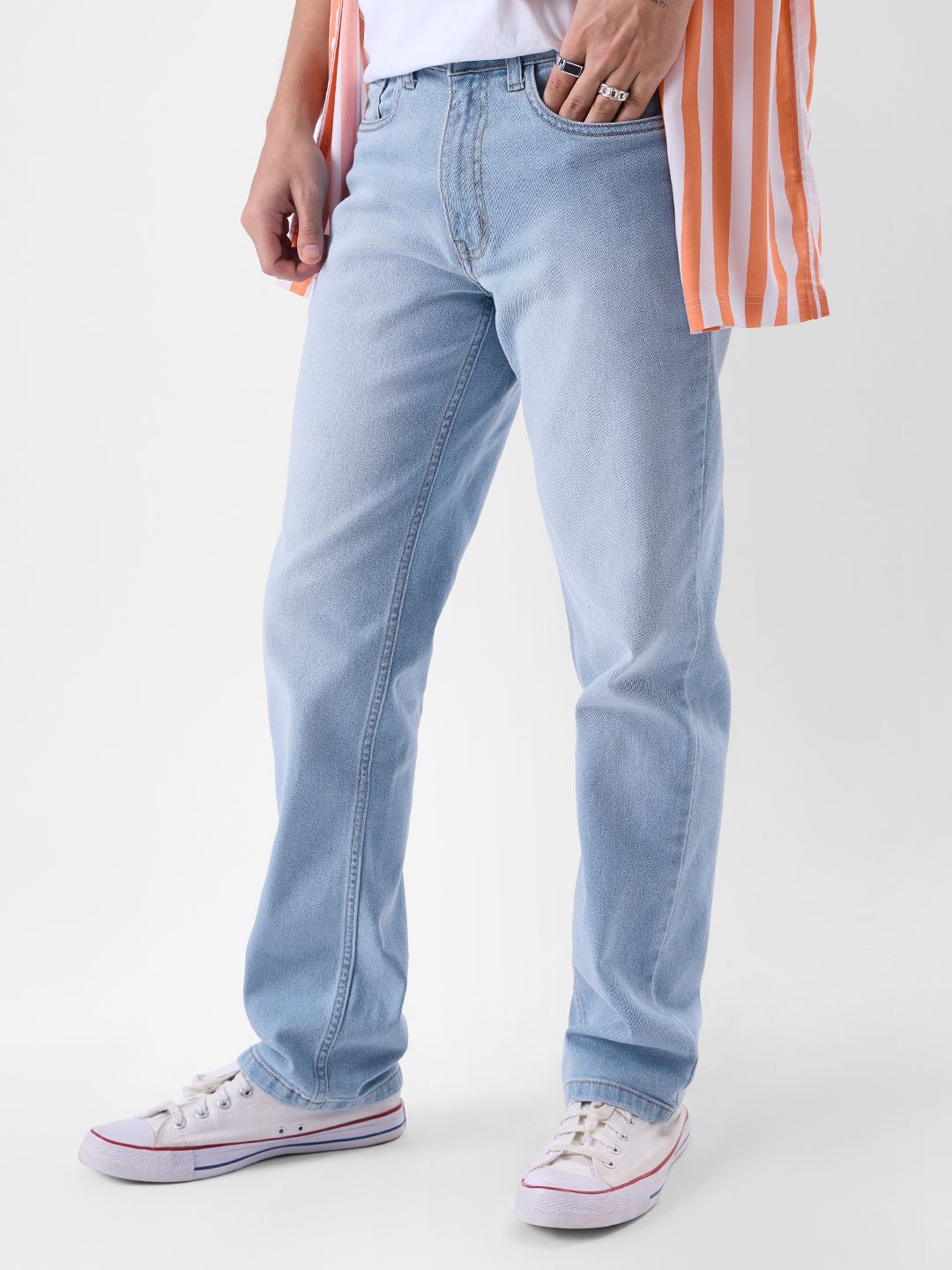 Solids: Mid Blue Wash (Straight Fit) Men Straight Fit Jeans