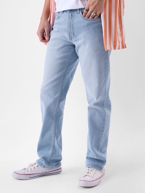 Solids: Mid Blue Wash (Straight Fit) Men Straight Fit Jeans