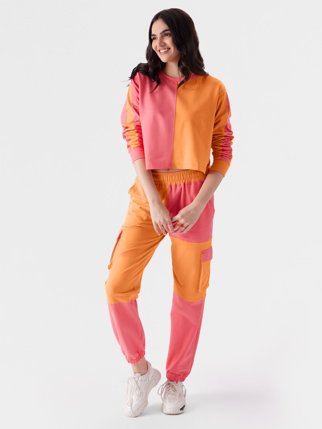 Easy Jogger: Orange, Pink (Colourblock) Women Cinched Joggers
