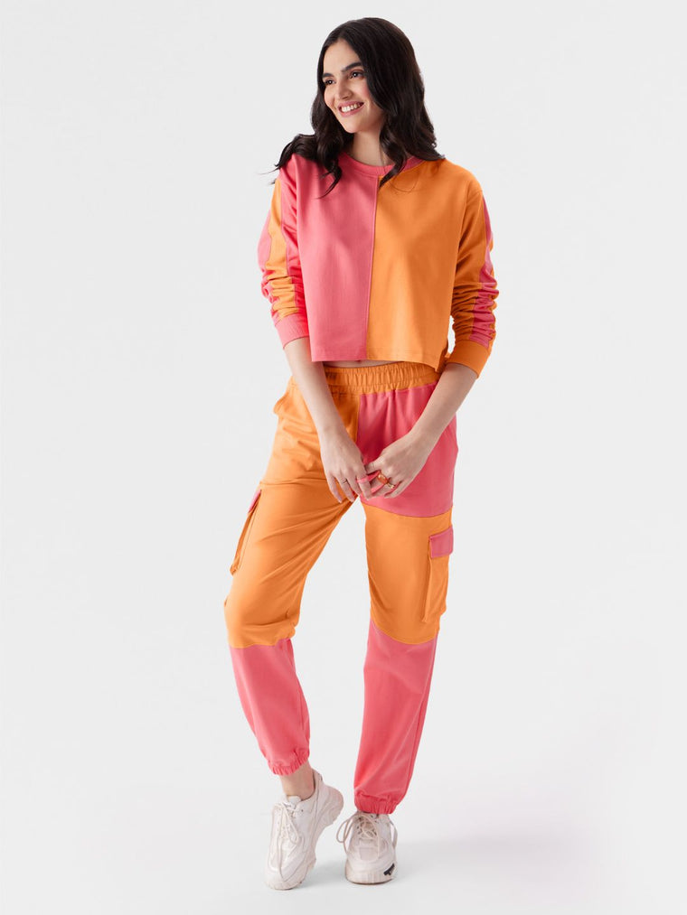 Easy Jogger: Orange, Pink (Colourblock) Women Cinched Joggers