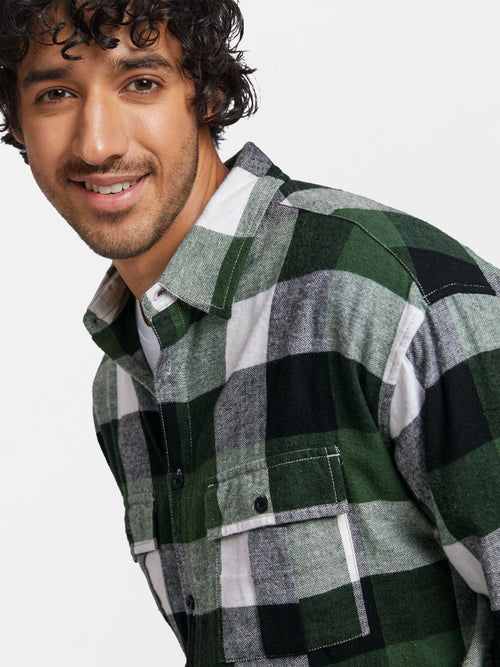 Plaid: Green Black Men Utility Shirts