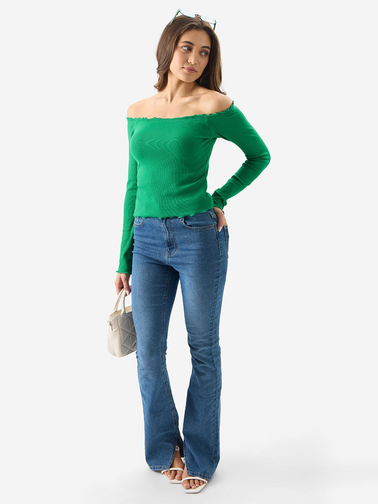 Kelly Green Ribbed Top Women Knit Tops