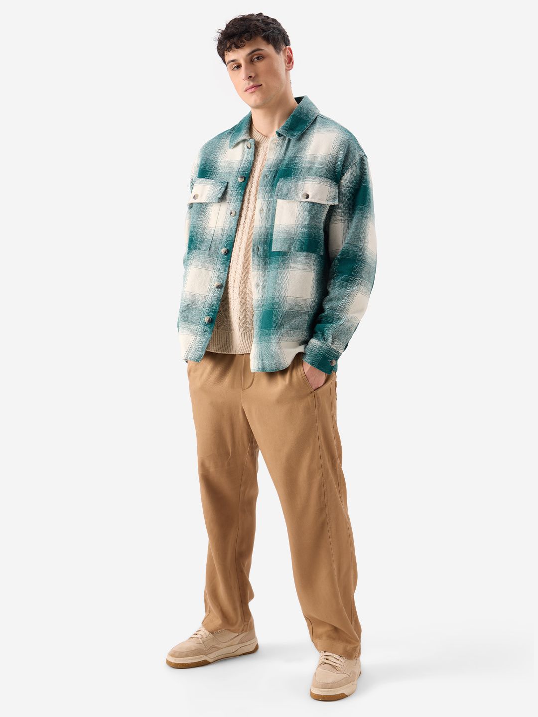 Plaid: Light Emerald And White Men Flannel Shackets