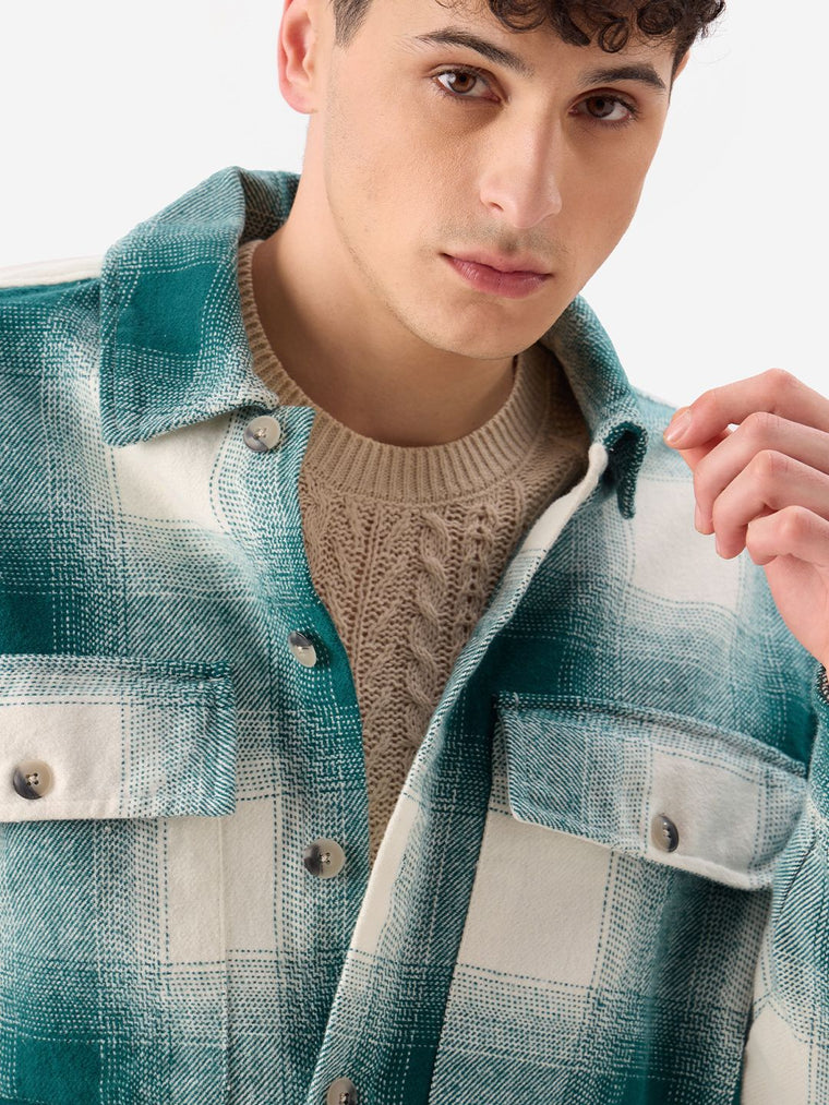 Plaid: Light Emerald And White Men Flannel Shackets