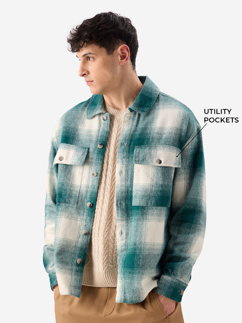 Plaid: Light Emerald And White Men Flannel Shackets