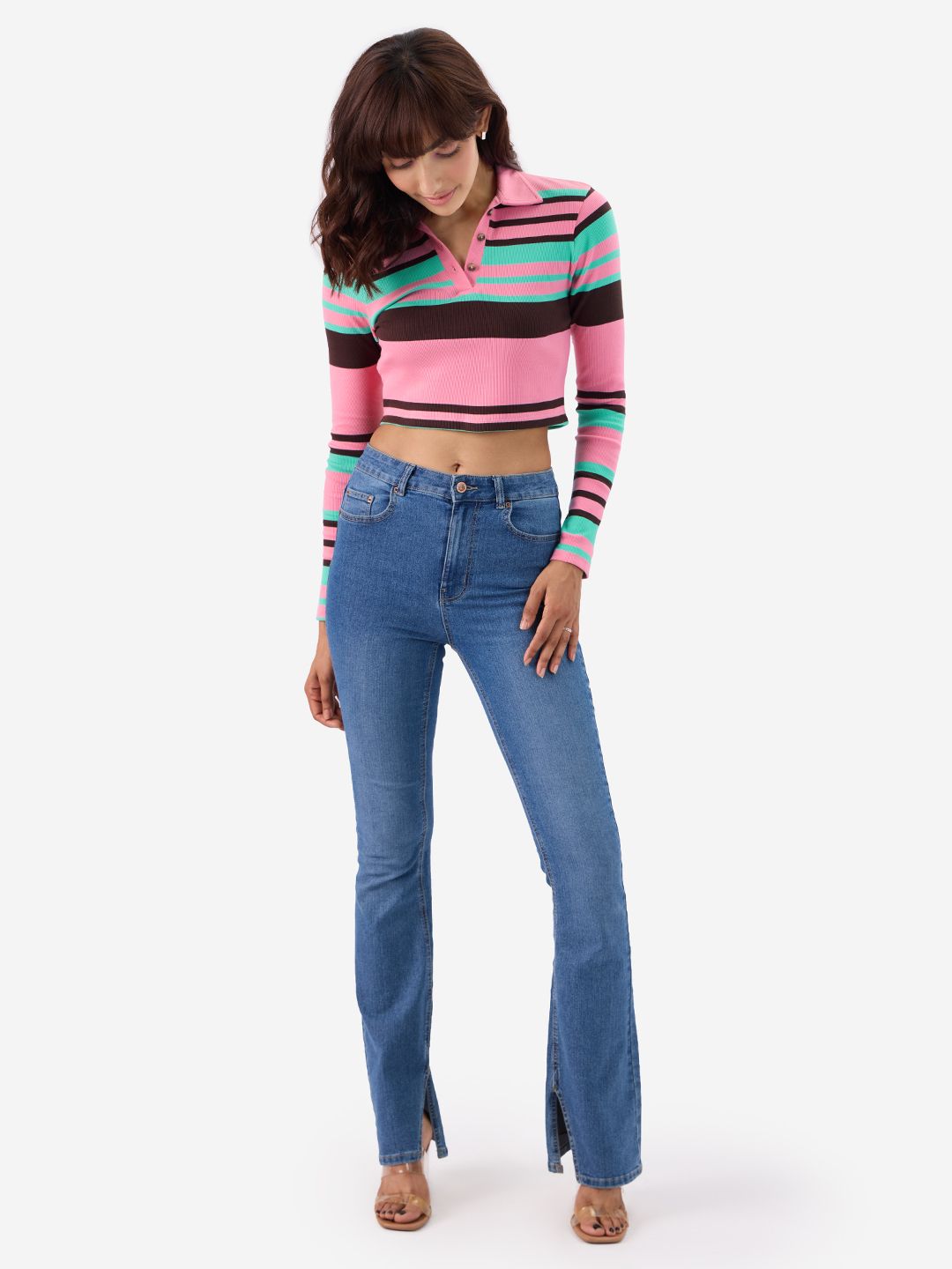 Carnation Rib-Knit Polo Women Cropped Polos
