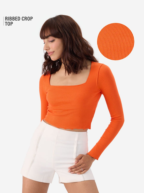 Flame Orange Ribbed Top Women Knit Tops