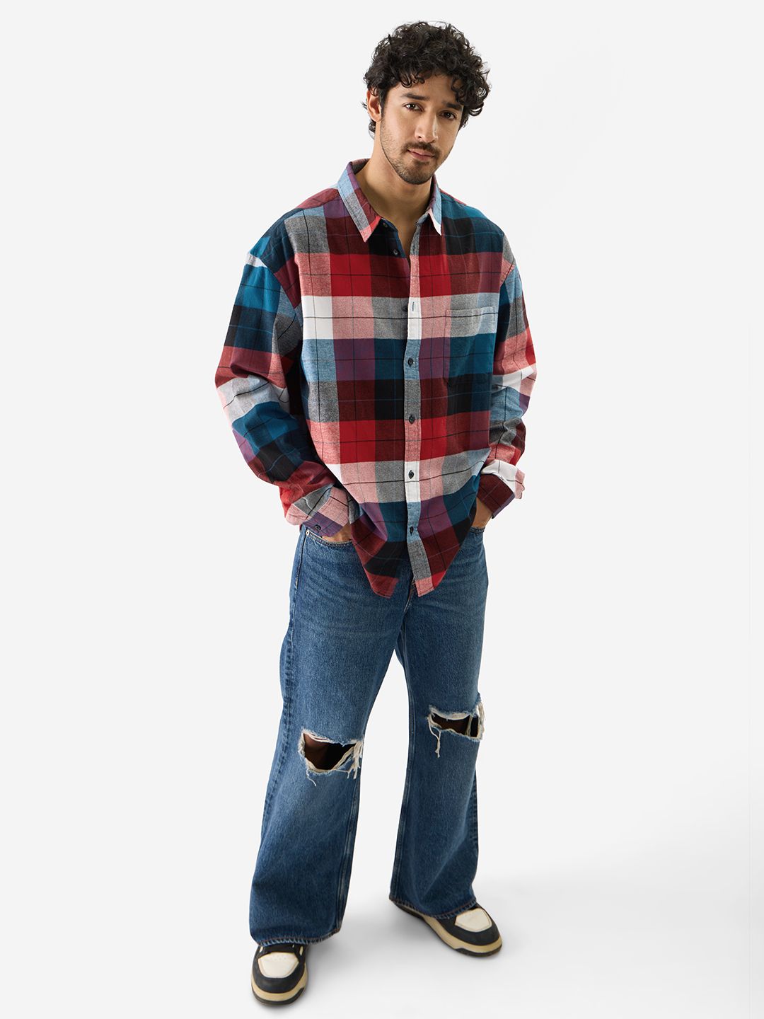 Plaid: Black, Blue and Red Men Relaxed Shirts