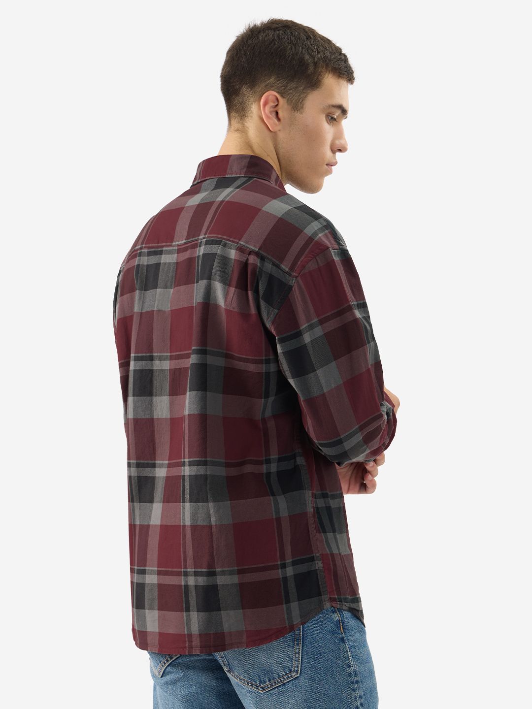 Plaid:  Red, Grey Men Relaxed Shirts