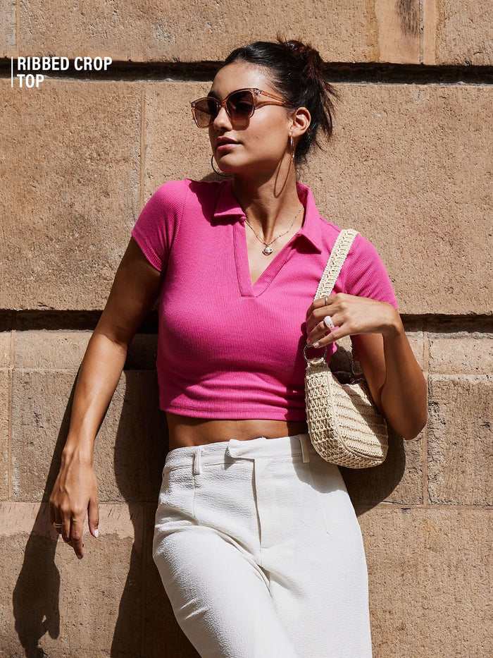 Essential Solids: Hot Pink Women Cropped Polos