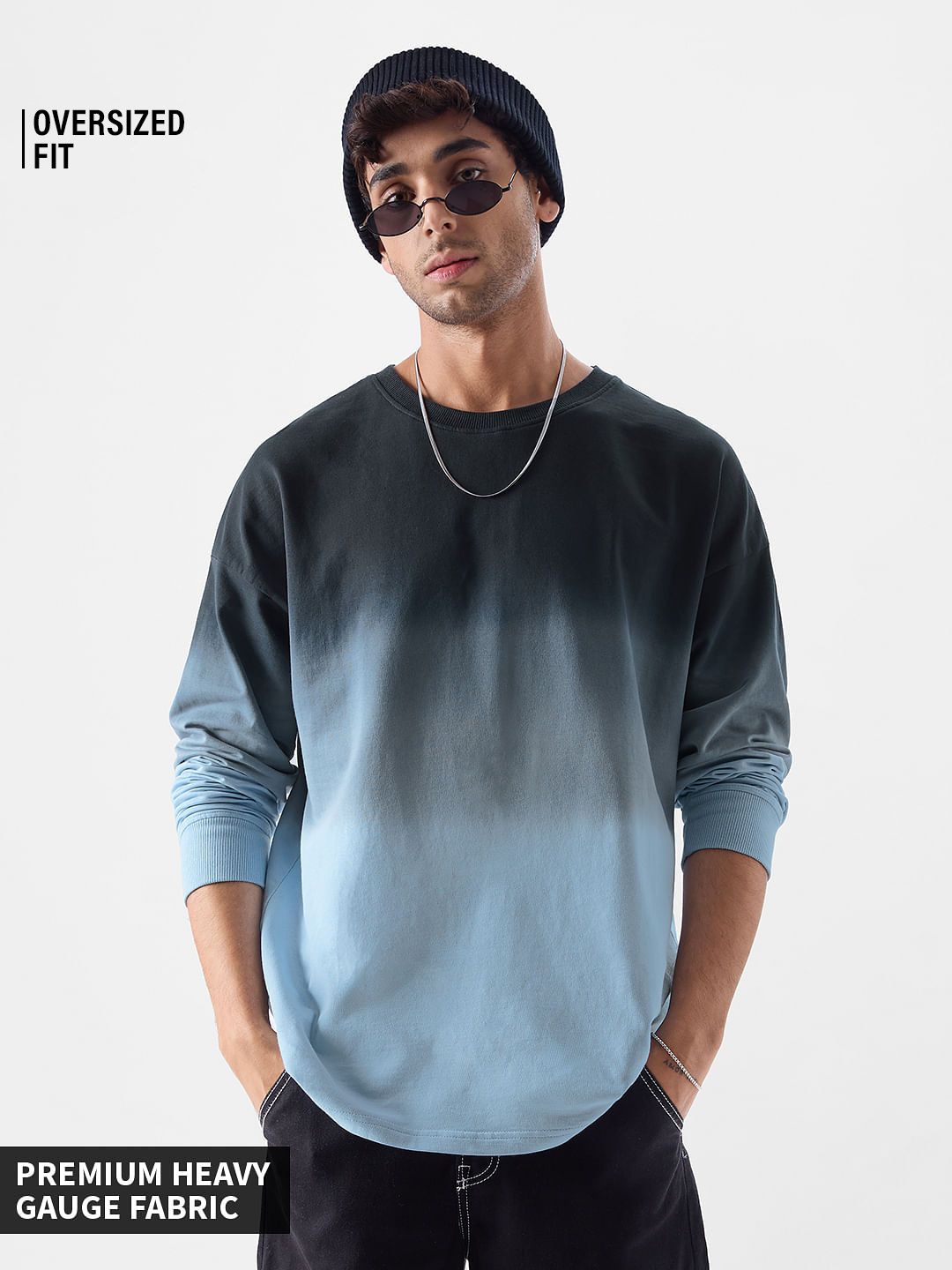 Ombre: Midnight Blue Oversized Full Sleeve T-Shirts