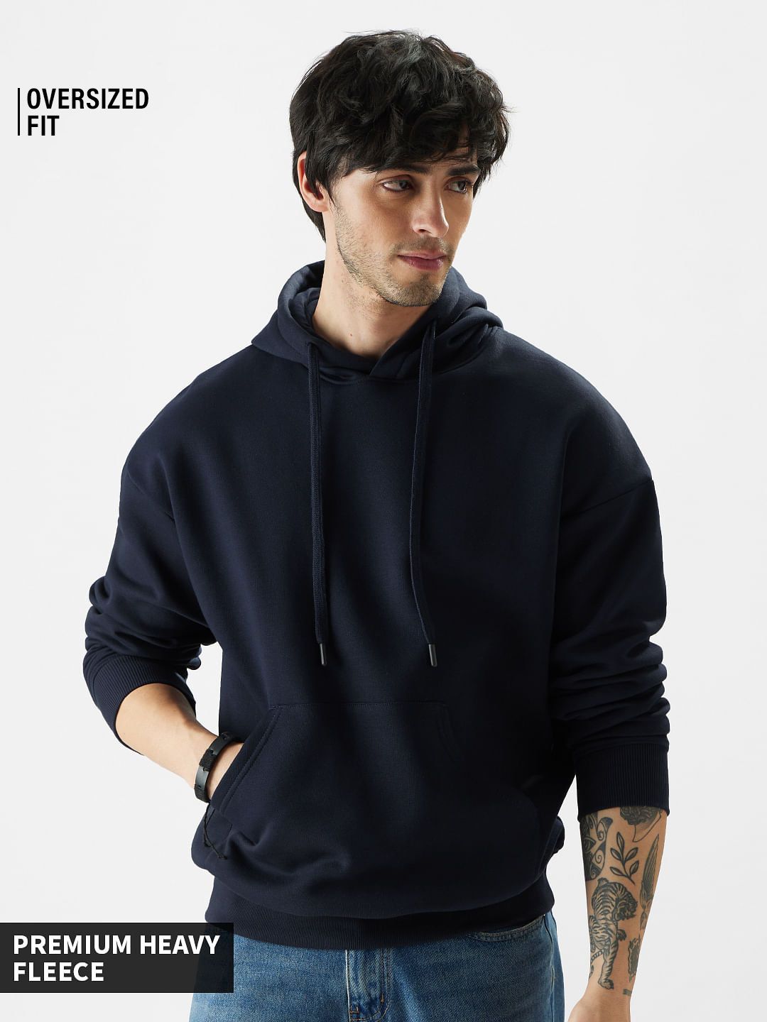 Solids: Navy Blue Men Oversized Hoodies