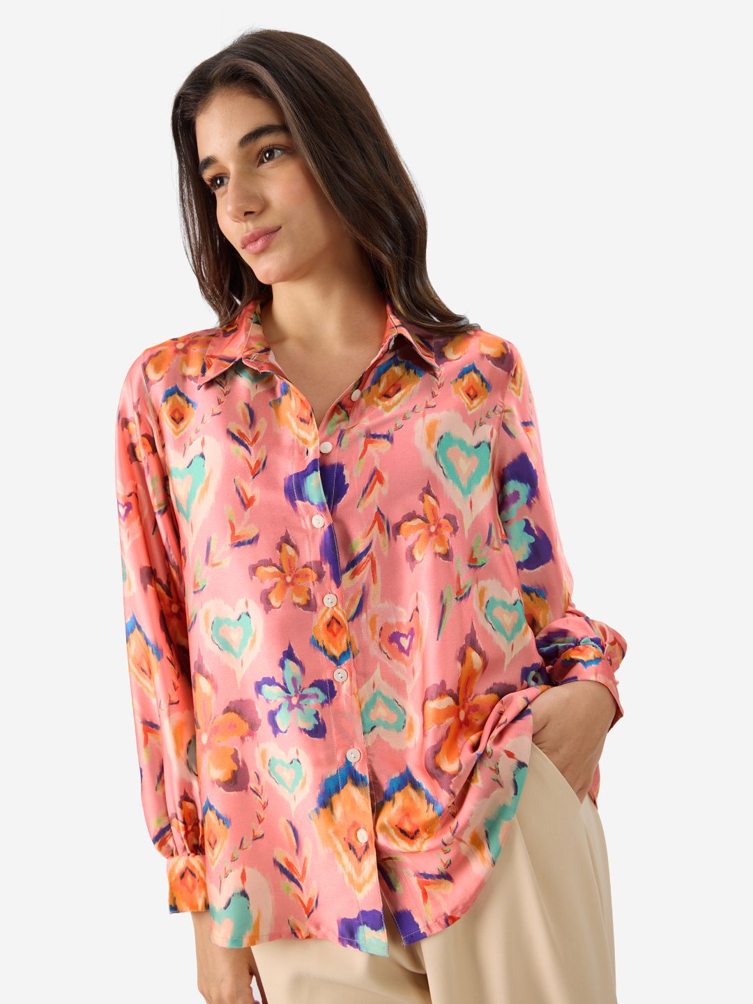 Satin Shirt: Floral Ink Women Relaxed Shirts
