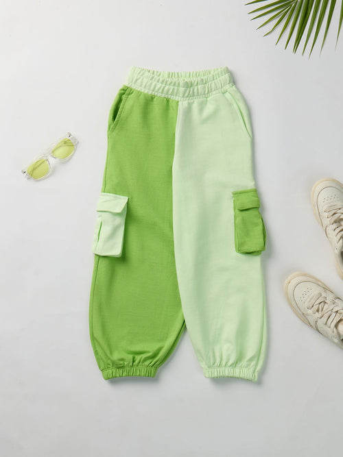 Solids: Green Colourblock Girls Cotton Joggers (2-8 Yrs)