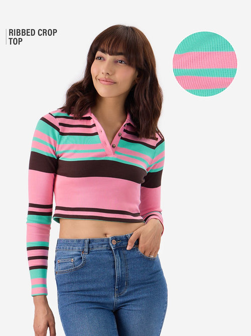 Carnation Rib-Knit Polo Women Cropped Polos