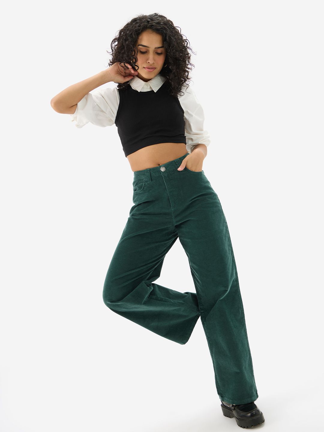 Corduroy Pants: Emerald Green Women Straight Pants