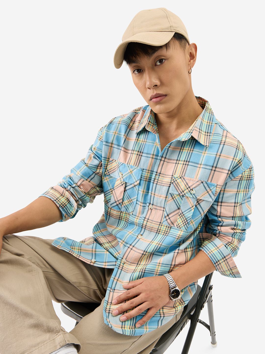 Plaid: Blue, Yellow Men Utility Shirts