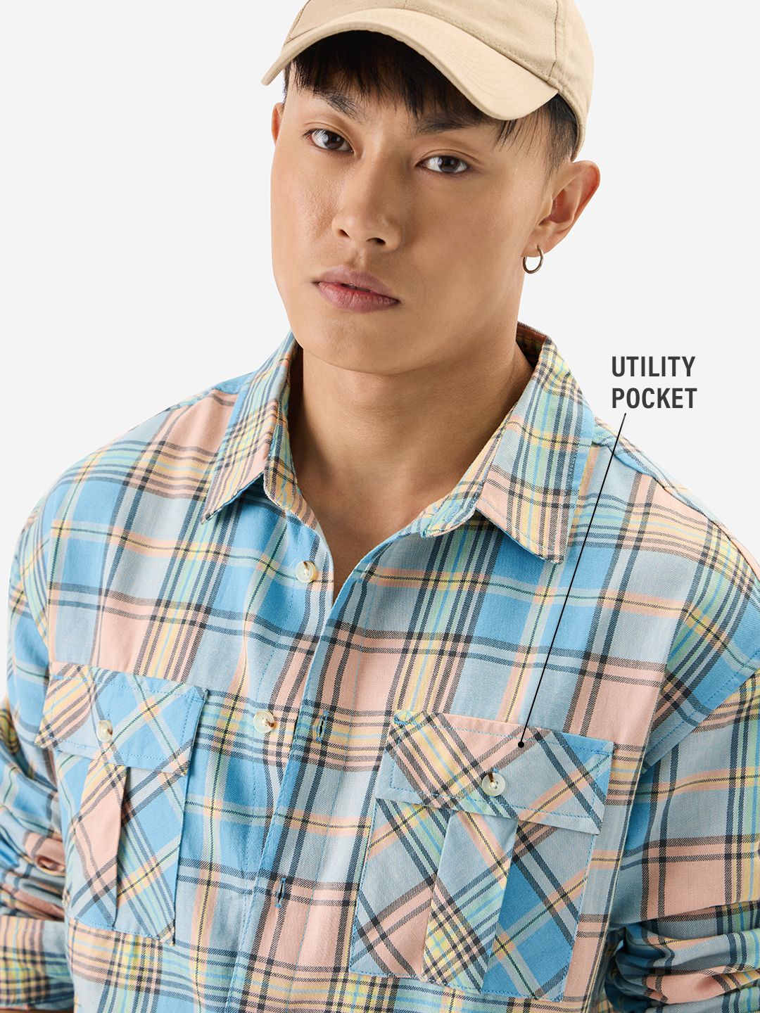 Plaid: Blue, Yellow Men Utility Shirts