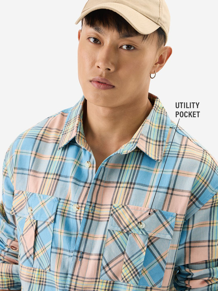 Plaid: Blue, Yellow Men Utility Shirts