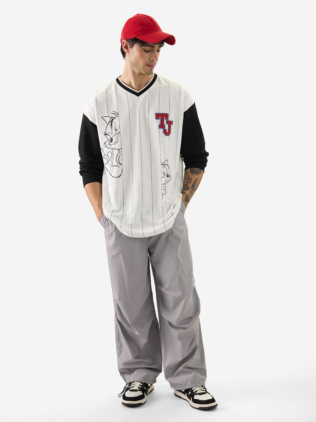 Tom & Jerry: Striped Oversized Full Sleeve T-Shirts