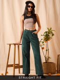 Corduroy Pants: Emerald Green Women Straight Pants