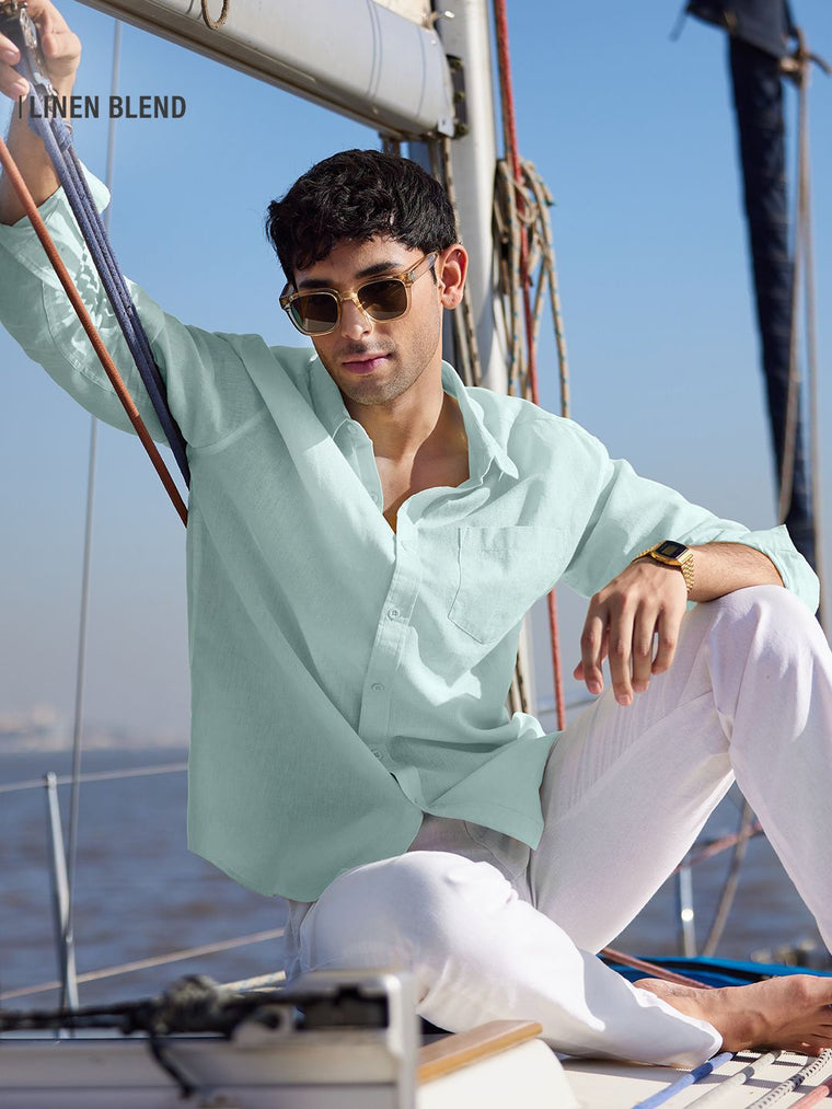 Cotton Linen: Ocean Blue Cotton Linen Shirts