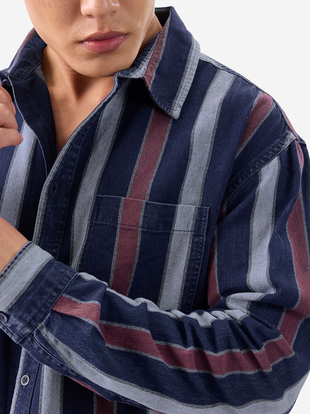 Stripes: Blue, Rust Red Men Relaxed Shirts