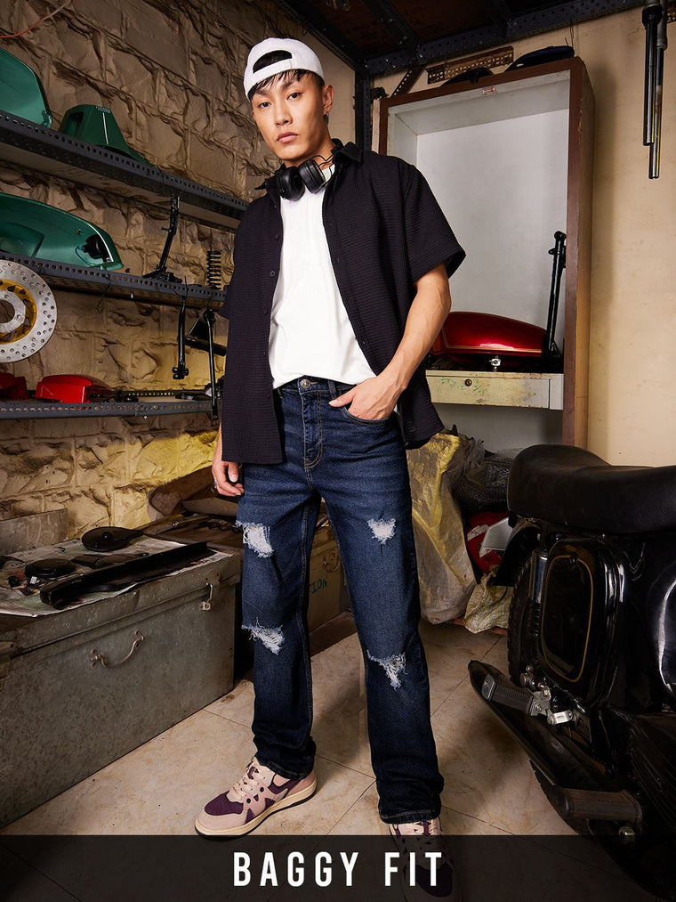 Solids: Distressed Blue (Baggy Fit) Men Baggy Fit Jeans