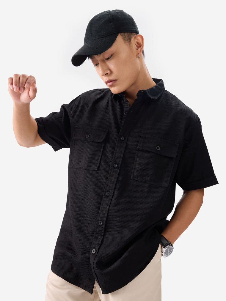 Solids: Charcoal Black Men Textured Shirts