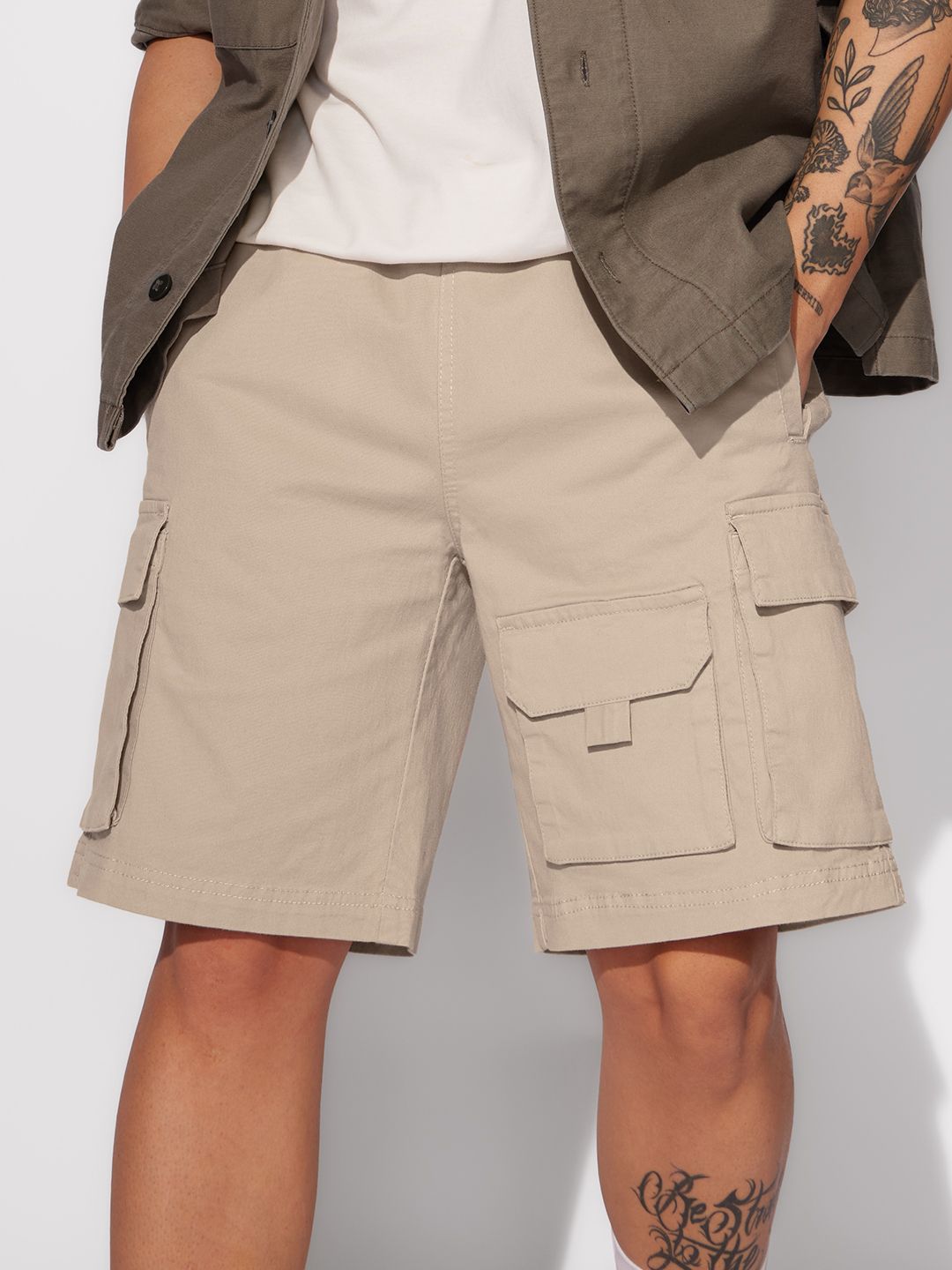 Solids: Beige Men Cargo Shorts