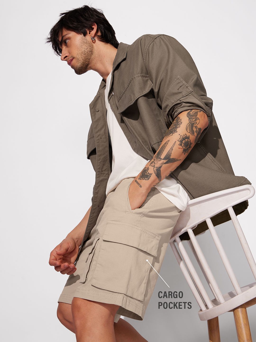 Solids: Beige Men Cargo Shorts