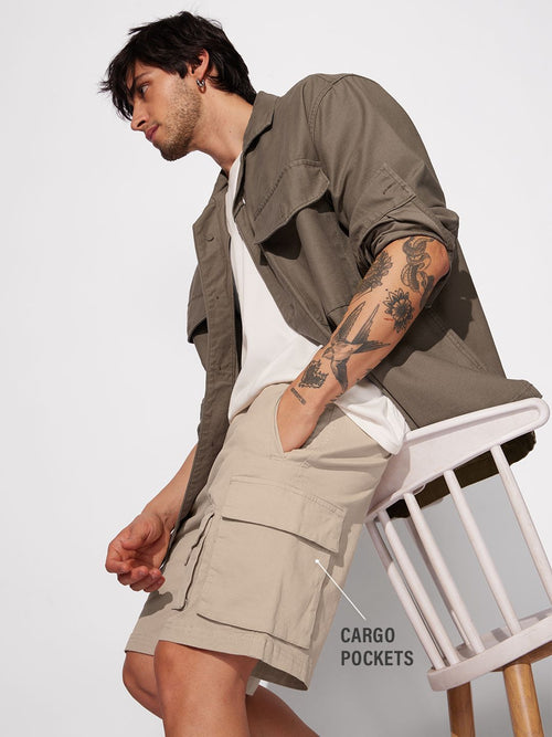 Solids: Beige Men Cargo Shorts