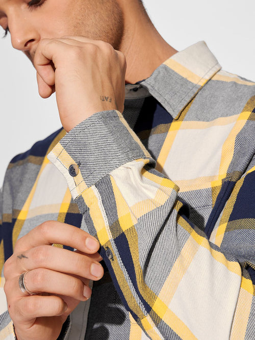 Plaid: Navy, Beige Men Relaxed Shirts