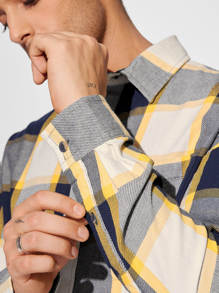 Plaid: Navy, Beige Men Relaxed Shirts