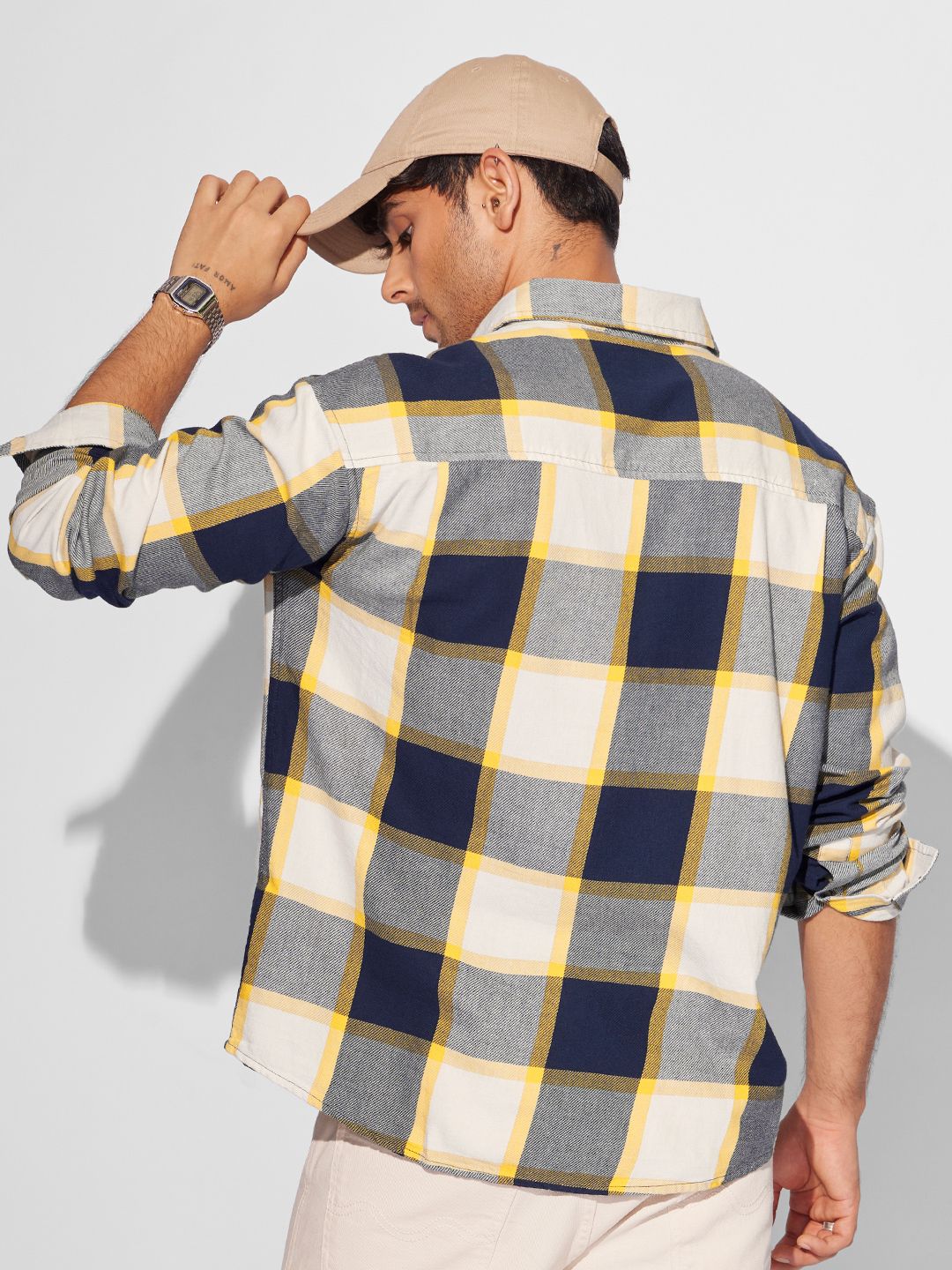 Plaid: Navy, Beige Men Relaxed Shirts