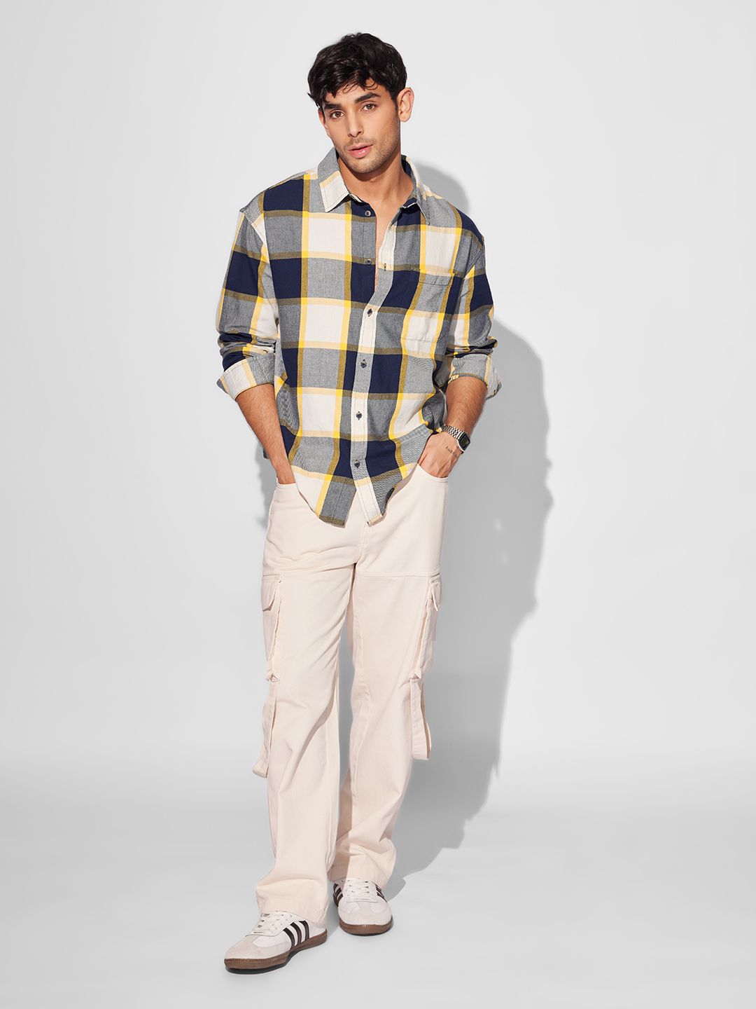 Plaid: Navy, Beige Men Relaxed Shirts