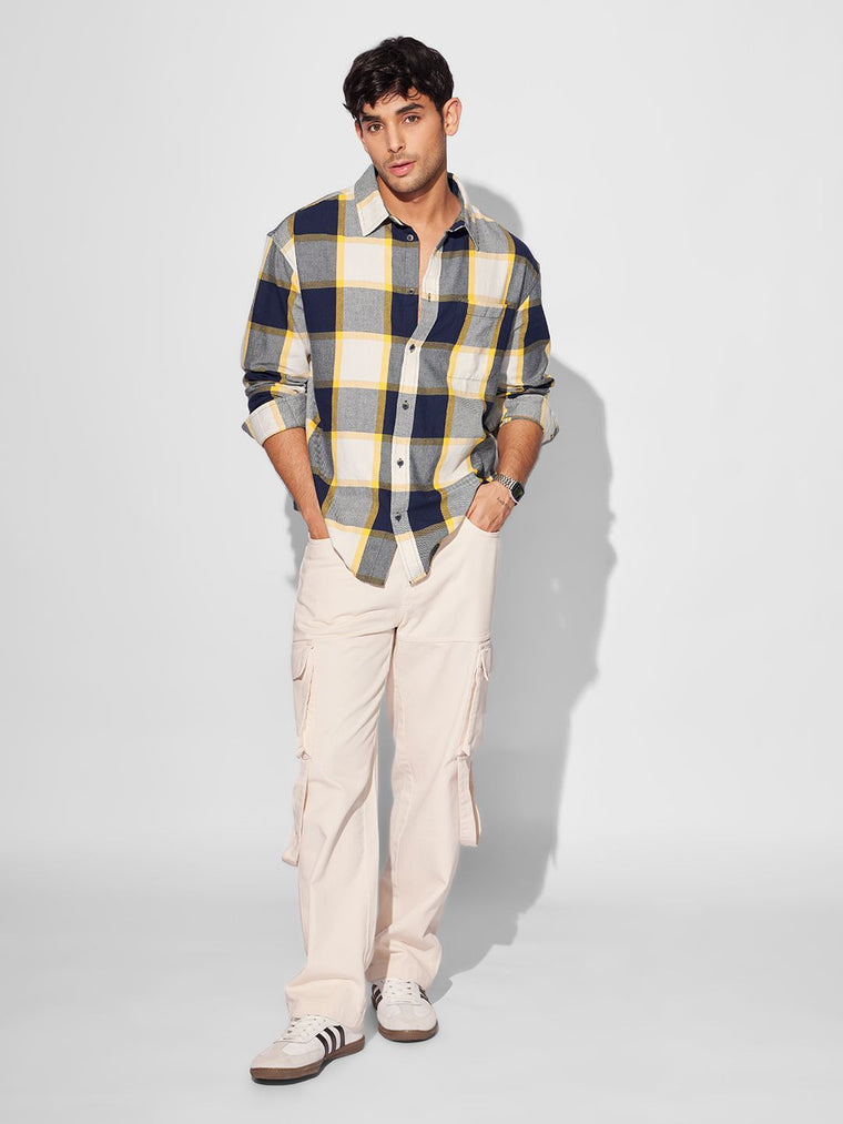 Plaid: Navy, Beige Men Relaxed Shirts