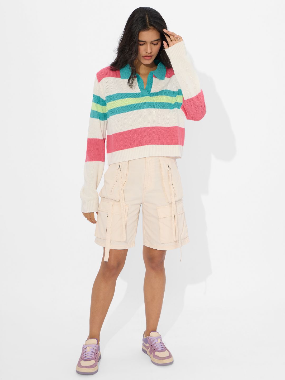 Knitted Polo Sweater: Lemonade Women Cropped Sweaters