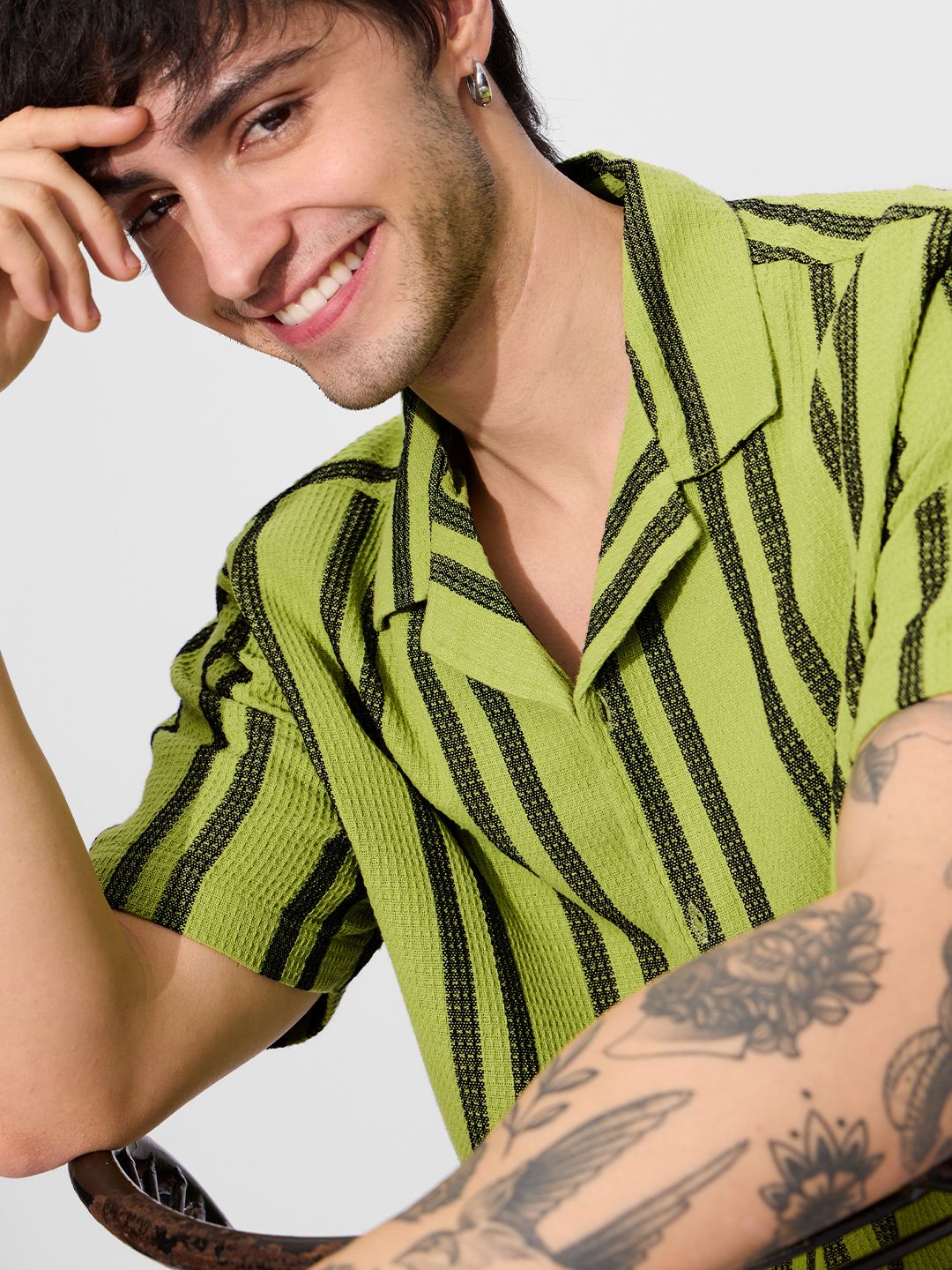 Stripes: Lime Men Textured Shirts