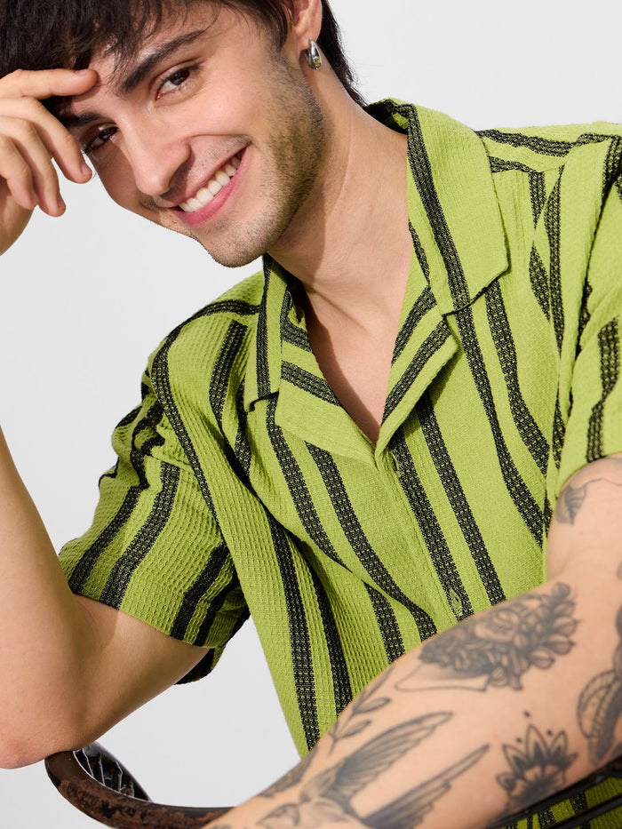 Stripes: Lime Men Textured Shirts
