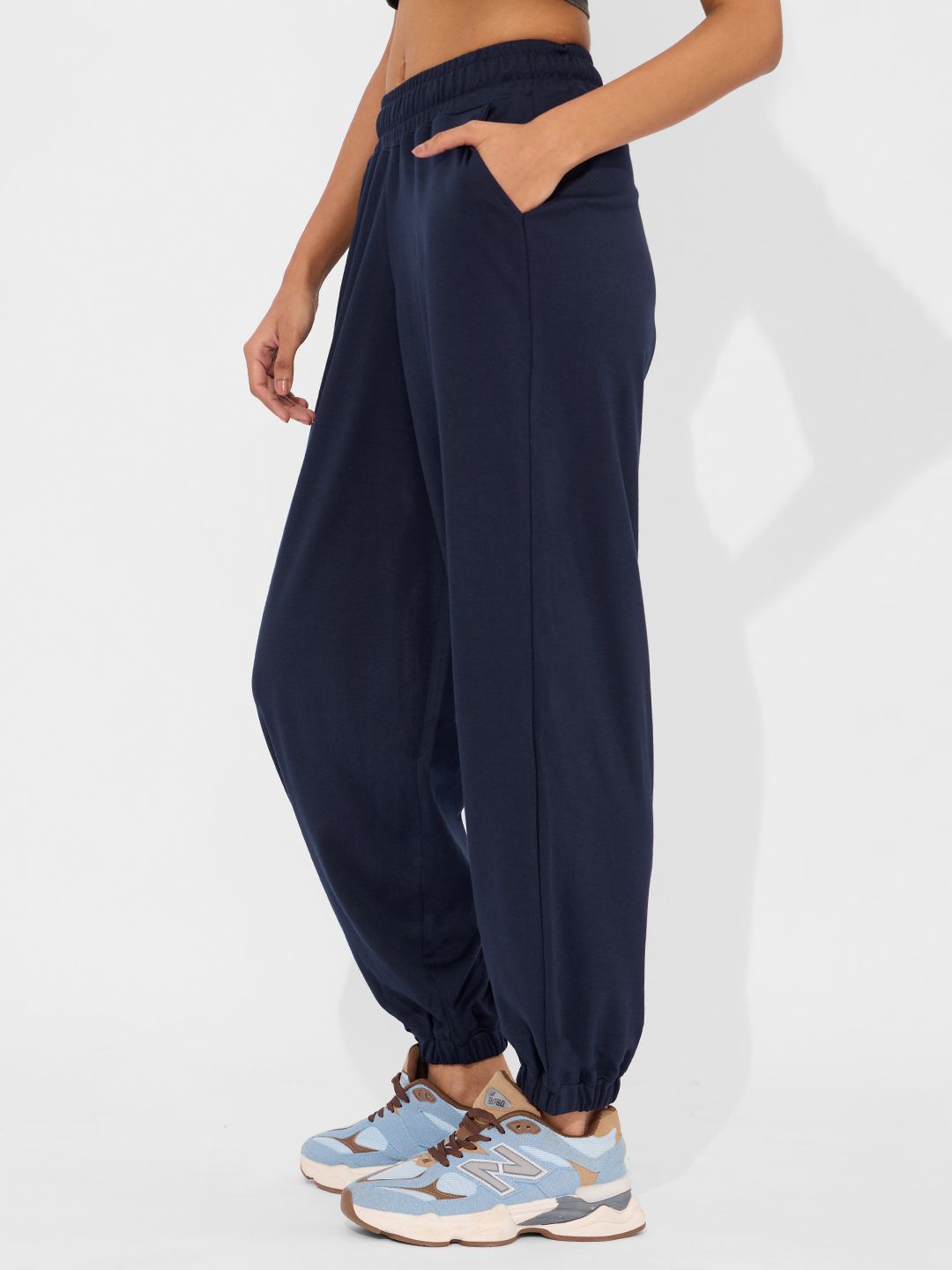 Solids Joggers: Navy Blue Women Cinched Joggers