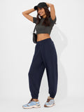 Solids Joggers: Navy Blue Women Cinched Joggers