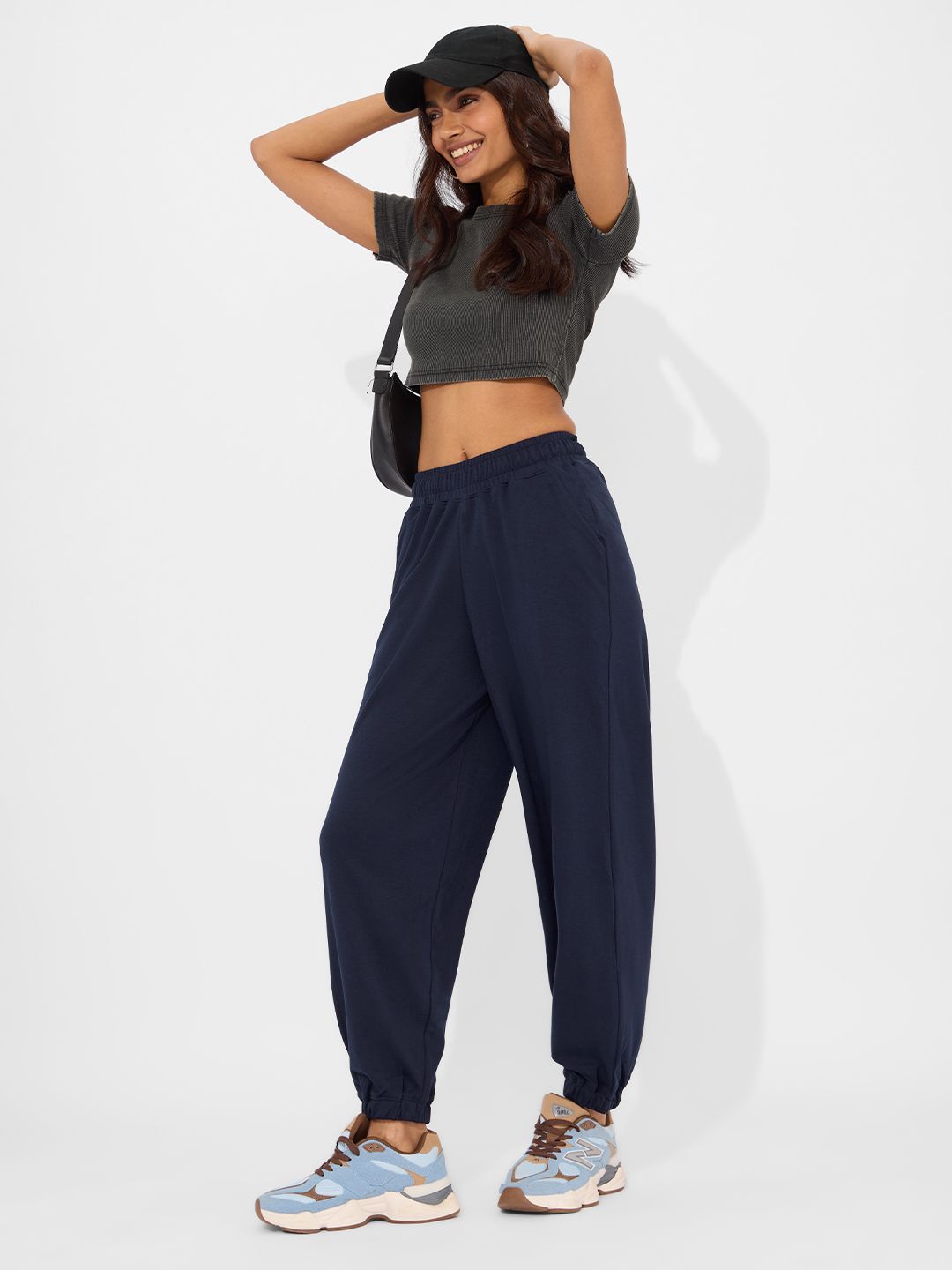 Solids Joggers: Navy Blue Women Cinched Joggers