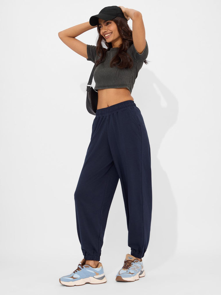 Solids Joggers: Navy Blue Women Cinched Joggers