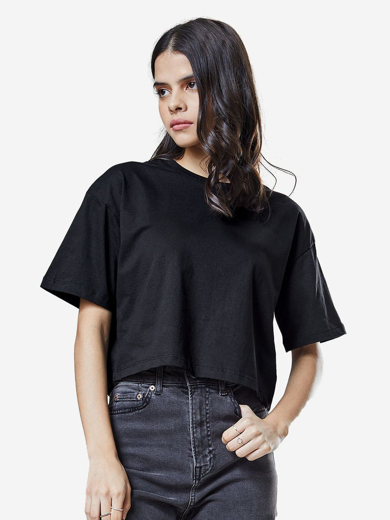 Street Solids: Black Women Oversized Cropped T-Shirts