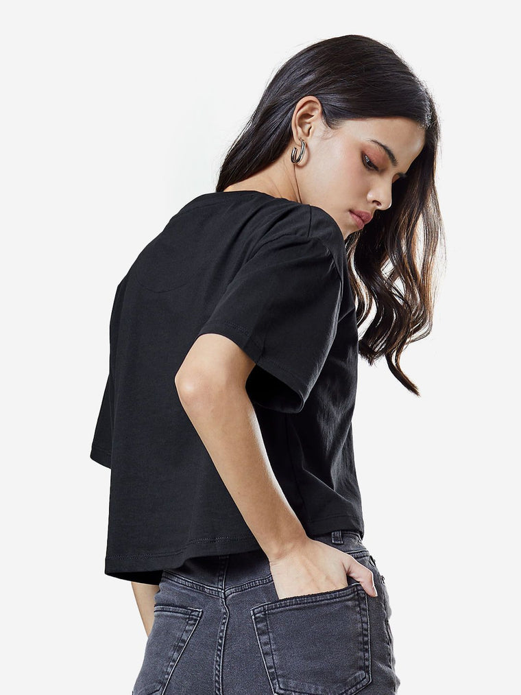 Street Solids: Black Women Oversized Cropped T-Shirts