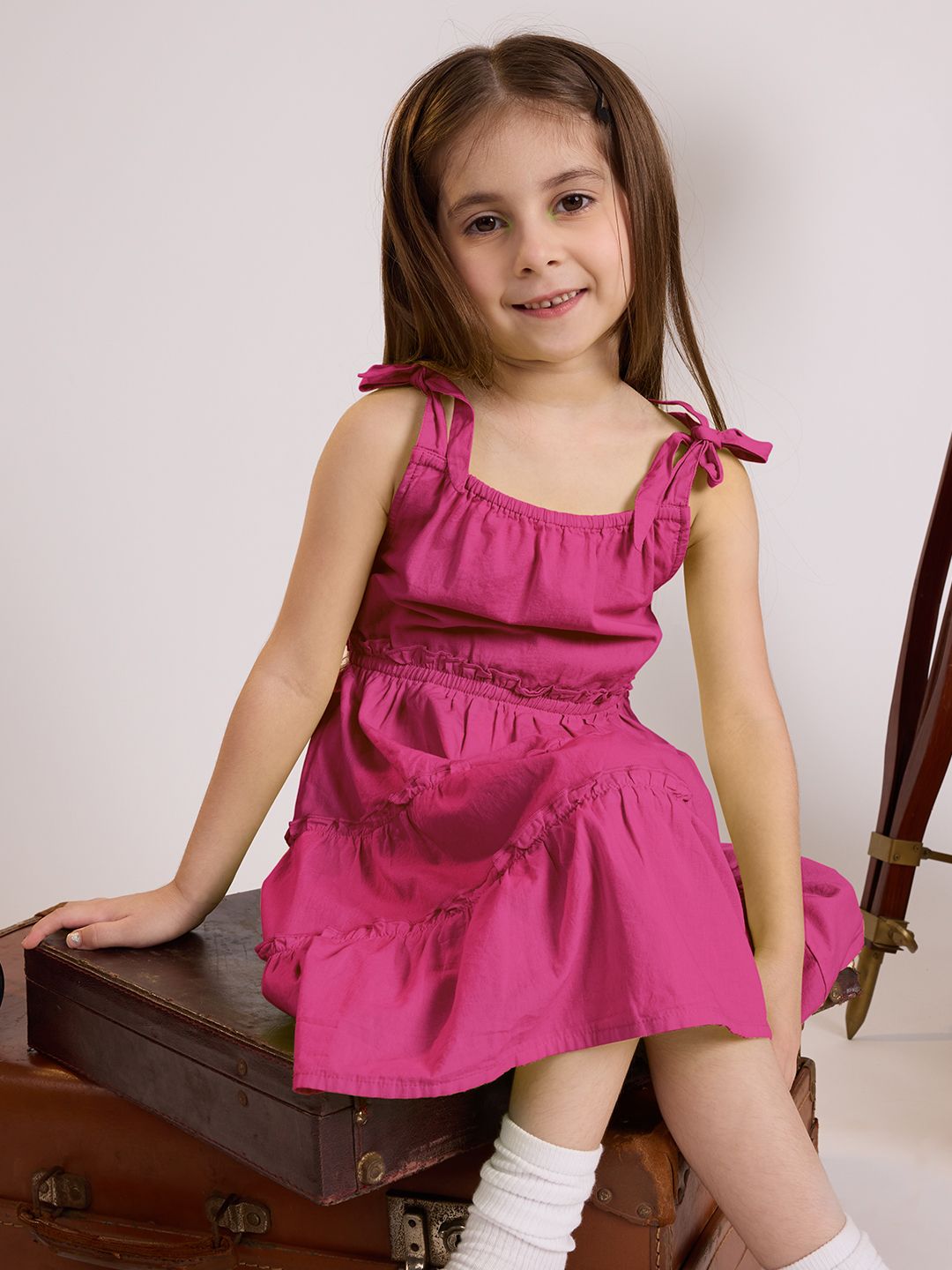 Solids: Neon Pink Girls Cotton Dresses (2-8 Yrs)