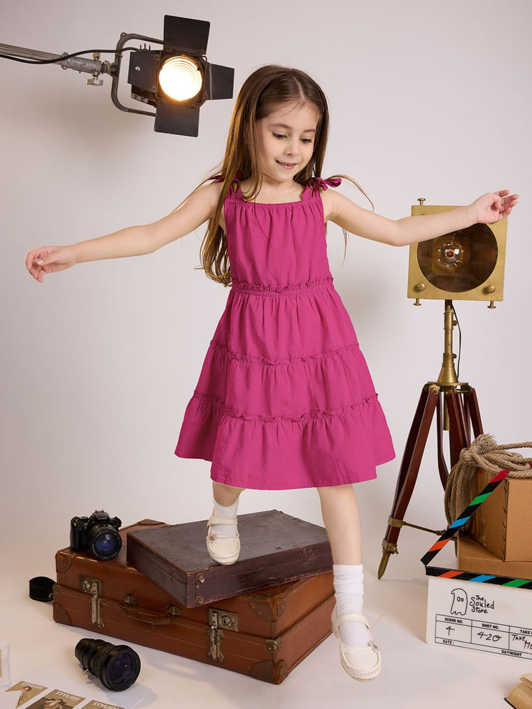 Solids: Neon Pink Girls Cotton Dresses (2-8 Yrs)