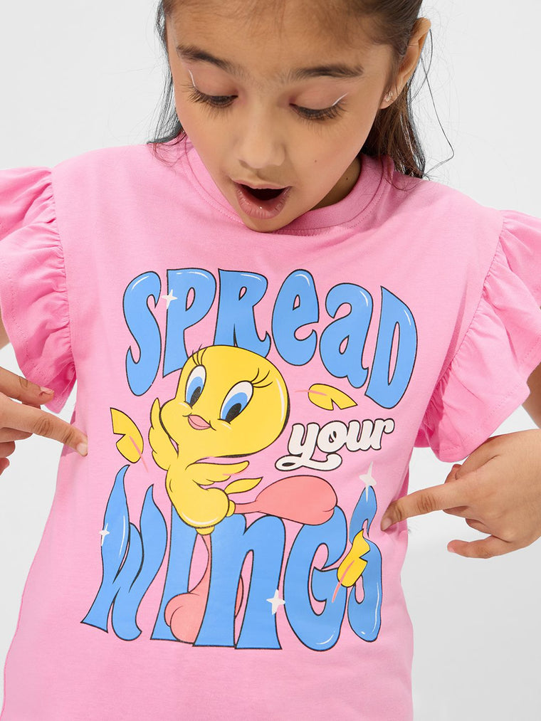 Looney Tunes: Spread Your Wings Girls Cotton Flutter Sleeve Tops (2-8 Yrs)