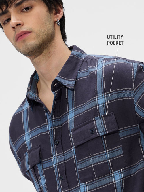 Plaid: Blue Men Utility Shirts